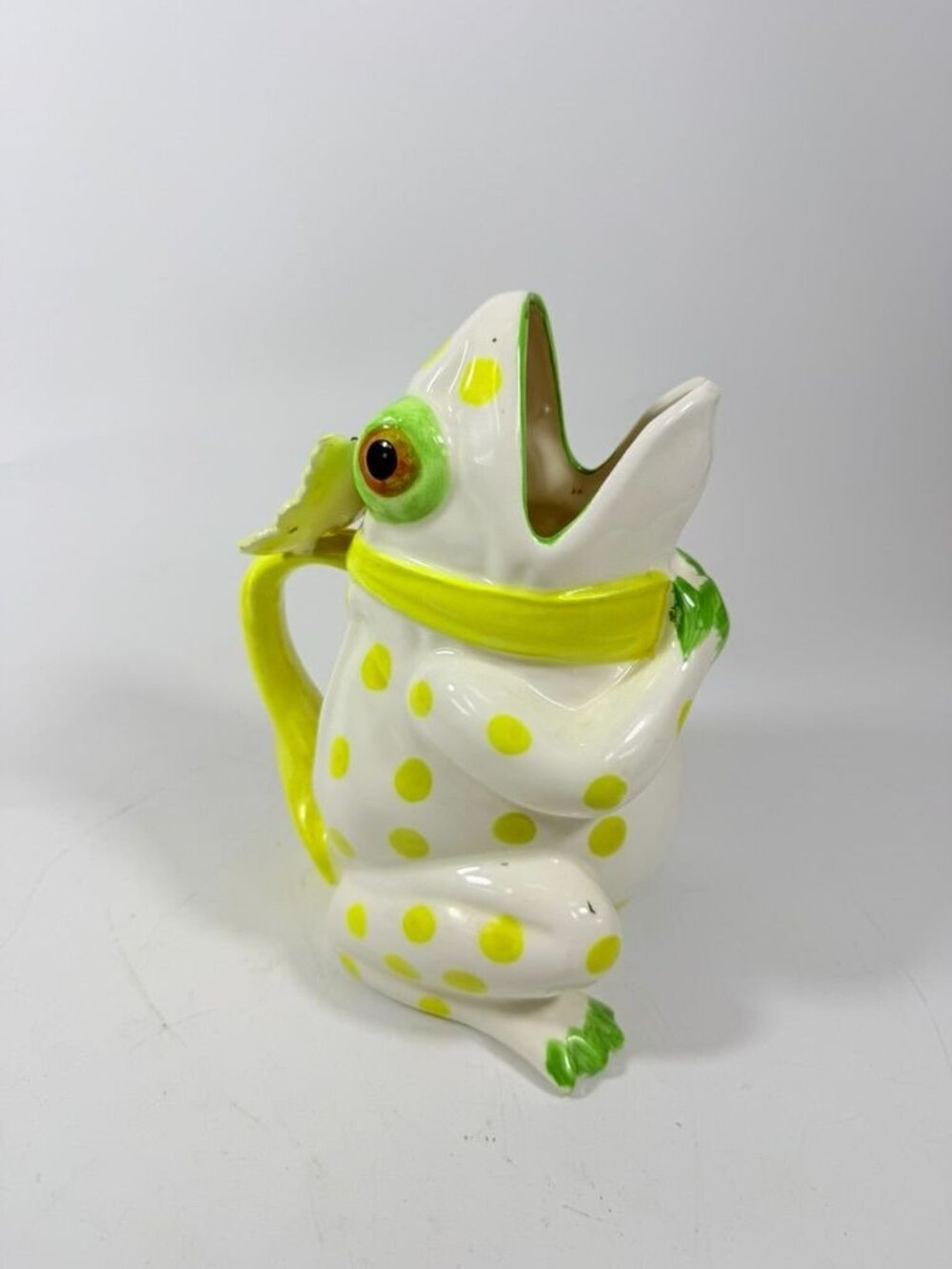Frog Pitcher Vase Seymour Mann Hand Painted Ceramic Yellow Green Polka Dots Butt - Picture 2 of 16